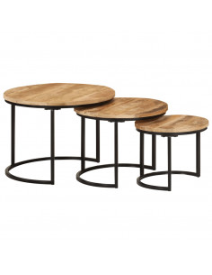 Tavolini a Incastro 3 pz in Legno Massello Grezzo di Mango 2