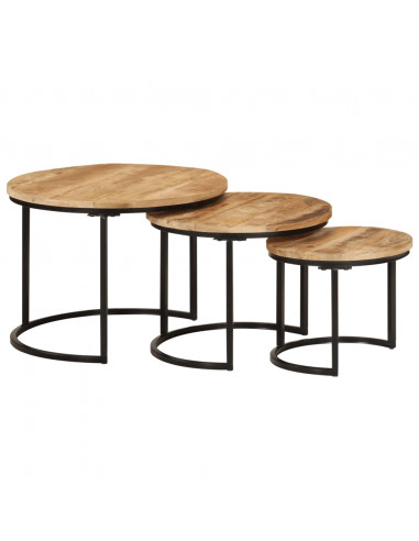 Tavolini a Incastro 3 pz in Legno Massello Grezzo di Mango