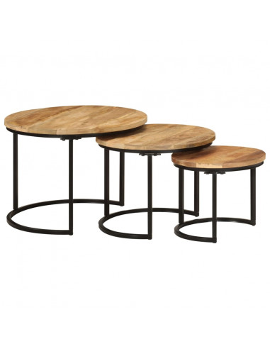 Tavolini a Incastro 3 pz in Legno Massello Grezzo di Mango