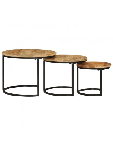 Tavolini a Incastro 3 pz in Legno Massello Grezzo di Mango