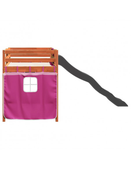 Letto a Soppalco con Tende Bambini Rosa 90x190 cm Massello Pino