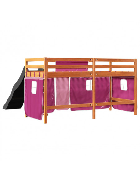 Letto a Soppalco con Tende Bambini Rosa 90x190 cm Massello Pino
