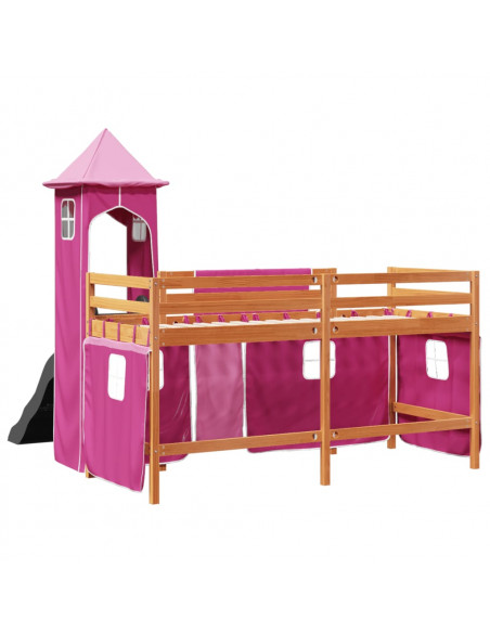 Letto a Soppalco con Torre Bambini Rosa 90x190cm Massello Pino