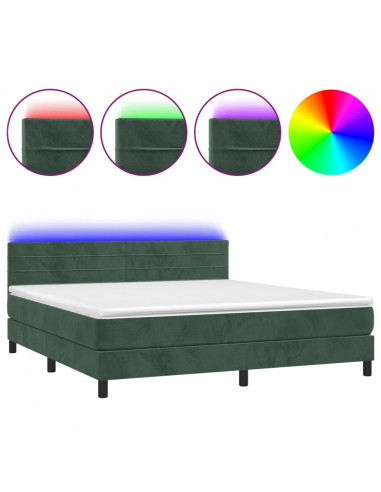 Letto a Molle con Materasso e LED Verde Scuro 160x200cm Velluto