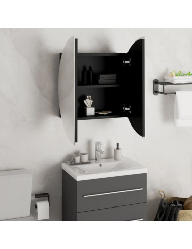 Armadio da Bagno con Specchio Rotondo e LED Nero 47x47x17,5 cm