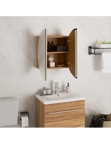 Armadio da Bagno con Specchio Rotondo e LED Rovere 40x40x17,5cm