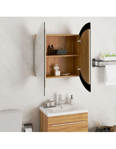 Armadio da Bagno con Specchio Rotondo e LED Rovere 54x54x17,5cm