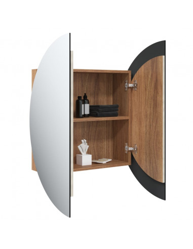 Armadio da Bagno con Specchio Rotondo e LED Rovere 54x54x17,5cm