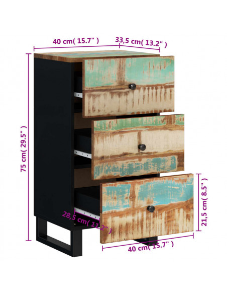 Credenza con 3 Cassetti 40x33,5x75cm Legno Massello di Recupero
