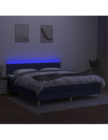Letto a Molle con Materasso e LED Blu 160x200 cm in Tessuto