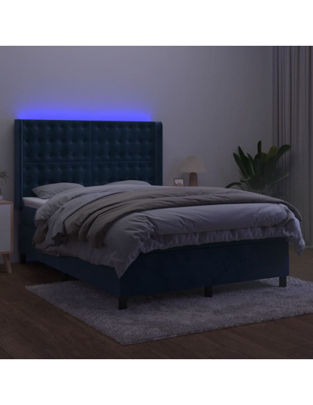 Letto a Molle con Materasso e LED Blu Scuro 140x190 cm