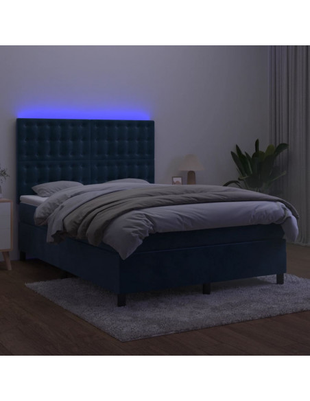Letto a Molle con Materasso e LED Blu Scuro 140x200 cm