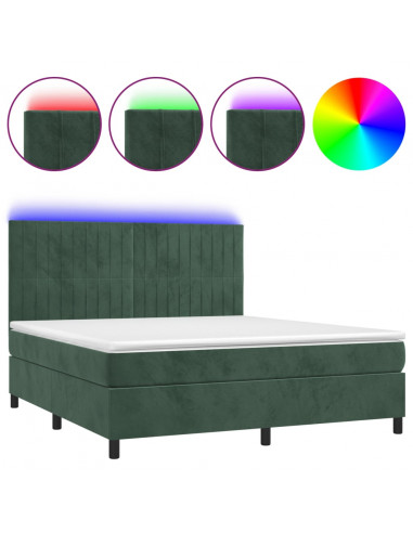 Letto a Molle con Materasso e LED Verde Scuro 160x200cm Velluto