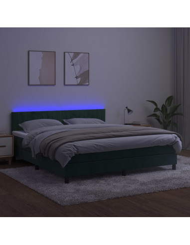 Letto a Molle con Materasso e LED Verde Scuro 160x200cm Velluto