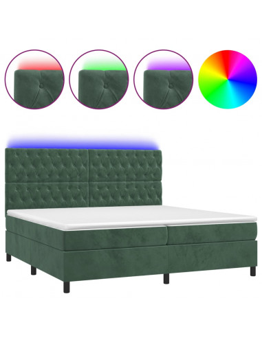 Letto a Molle con Materasso e LED Verde Scuro 200x200cm Velluto