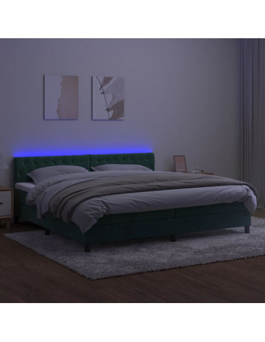 Letto a Molle con Materasso e LED Verde Scuro 200x200cm Velluto