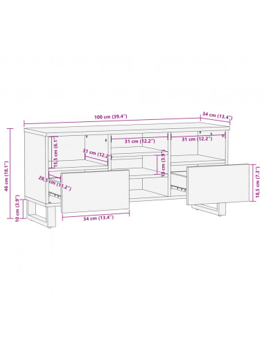 Mobile Porta TV 100x34x46 cm in Legno Massello di Mango