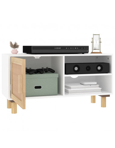 Mobile TV Bianco 80x30x40 cm Massello Pino e Rattan Naturale