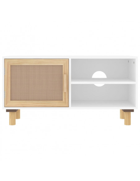 Mobile TV Bianco 80x30x40 cm Massello Pino e Rattan Naturale