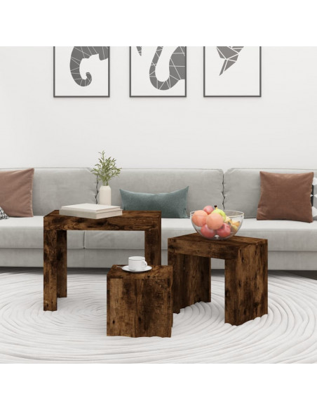 Tavolini Impilabili 3 pz Rovere Fumo in Legno Multistrato