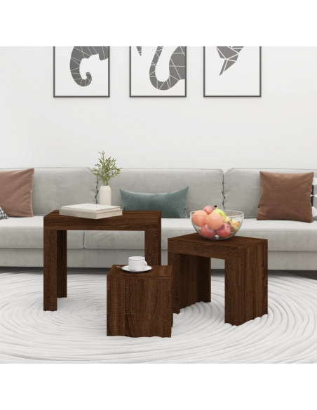 Tavolini Impilabili 3 pz Rovere Marrone in Legno Multistrato