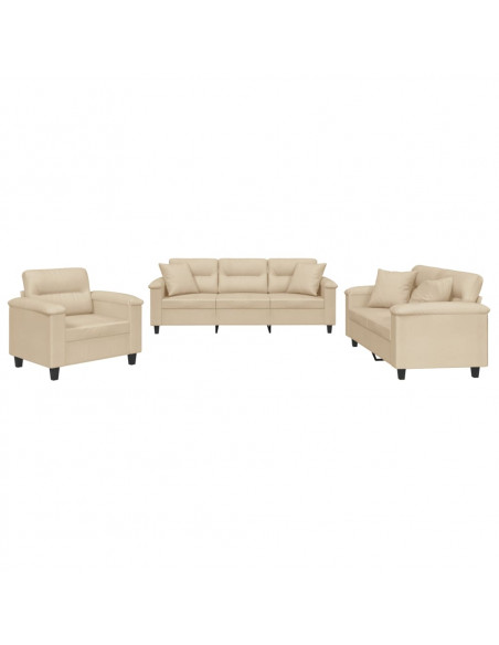 Set Divani 3 pz con Cuscini Crema in Tessuto Microfibra