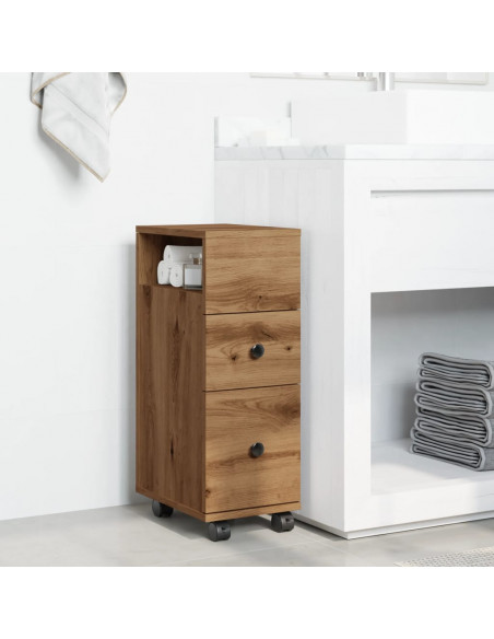Mobile da Bagno Stretto con Ruote Rovere Artigianale Truciolato