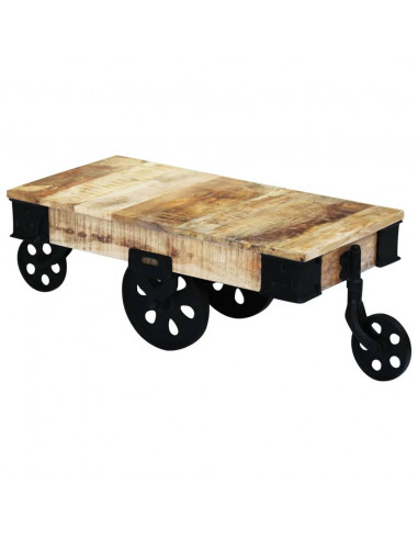 Tavolino da Salotto con Ruote in Legno di Mango Grezzo