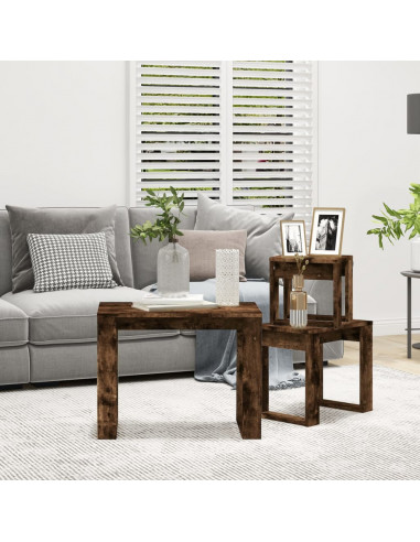 Tavolini Impilabili 3 pz Rovere Fumo in Legno Multistrato