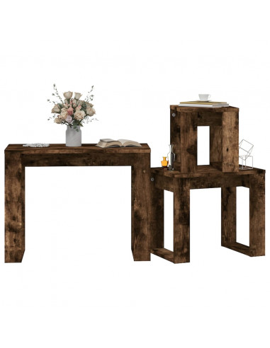 Tavolini Impilabili 3 pz Rovere Fumo in Legno Multistrato