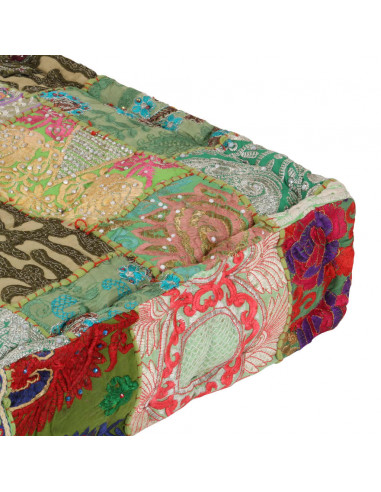 Pouf Patchwork in Cotone Fatto a Mano Quadrato 50x50x12cm Verde