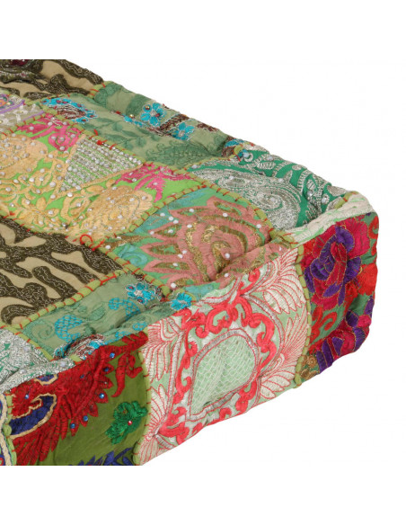 Pouf Patchwork in Cotone Fatto a Mano Quadrato 50x50x12cm Verde