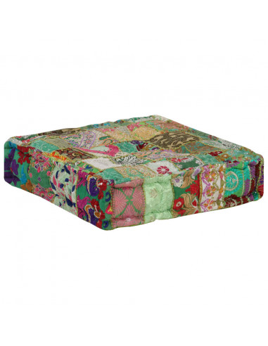Pouf Patchwork in Cotone Fatto a Mano Quadrato 50x50x12cm Verde