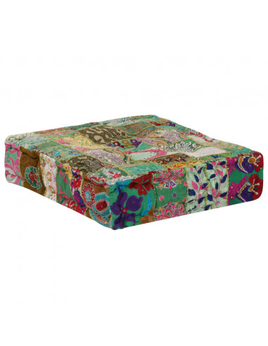 Pouf Patchwork in Cotone Fatto a Mano Quadrato 50x50x12cm Verde