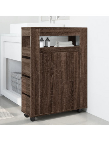 Mobile da Bagno Stretto con Ruote Rovere Marrone in Truciolato