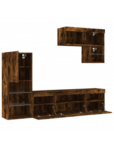 Mobili TV a Muro con LED 6pz Rovere Fumo in Legno Multistrato