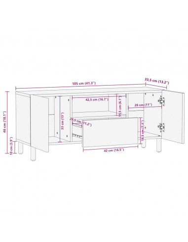 Mobile Porta TV Nero 105x33,5x46 cm Legno Massello Mango Grezzo