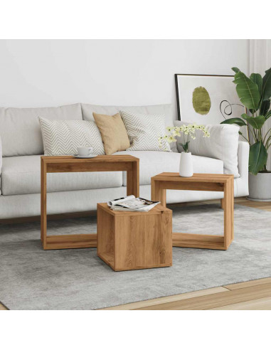 Tavolini Impilabili 3 pz Rovere Artigianale Legno Multistrato
