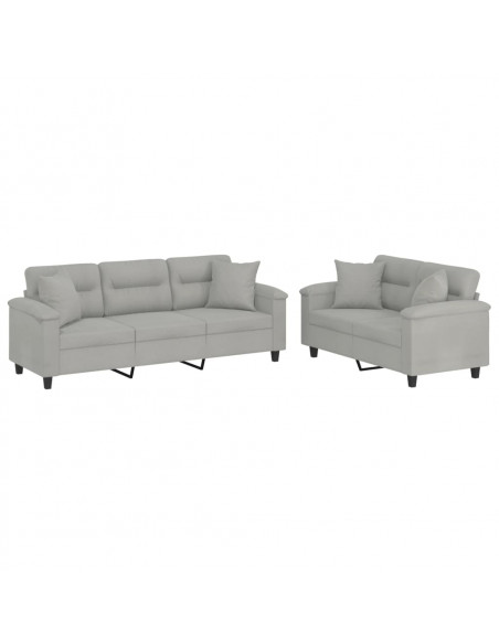 Set Divani 2 pz con Cuscini Grigio Chiaro in Tessuto Microfibra
