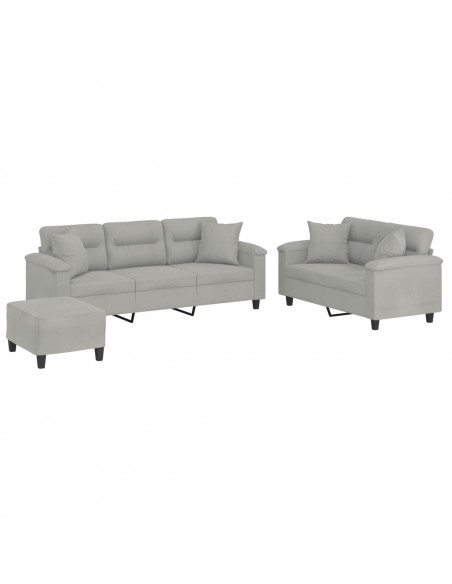 Set Divani 3 pz con Cuscini Grigio Chiaro in Tessuto Microfibra