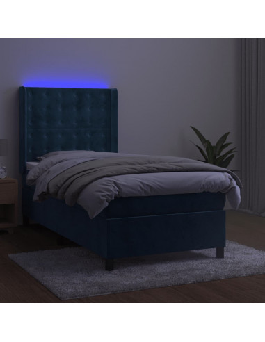 Letto a Molle con Materasso e LED Blu Scuro 90x190cm in Velluto