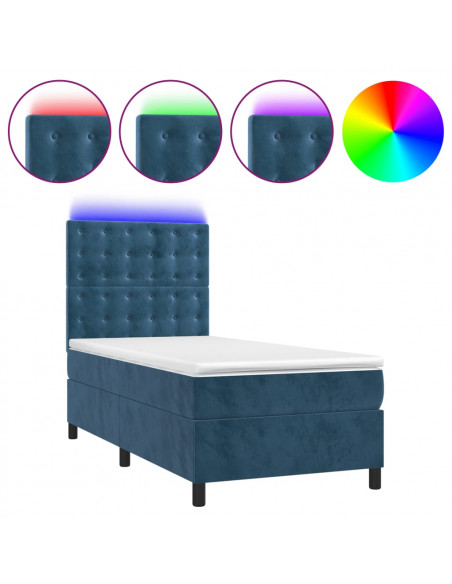 Letto a Molle con Materasso e LED Blu Scuro 90x190cm in Velluto