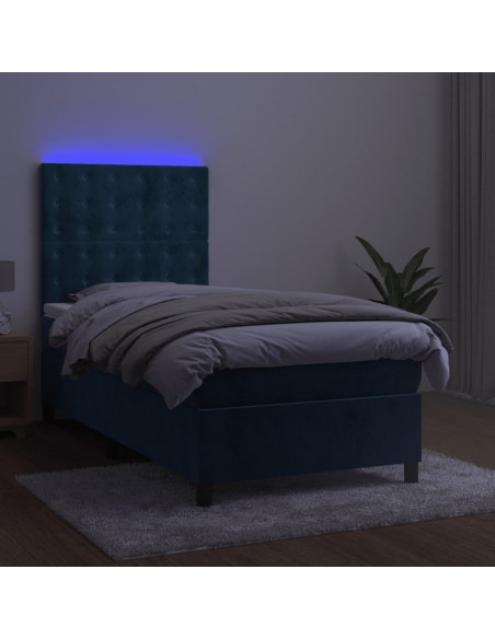 Letto a Molle con Materasso e LED Blu Scuro 90x190cm in Velluto