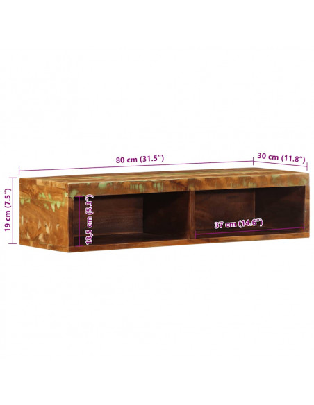 Mobile TV a Parete 80x30x19 cm Legno Grezzo Massello di Mango
