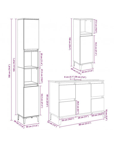 Set Mobili da Bagno 3 pz Grigio Cemento in Legno Multistrato