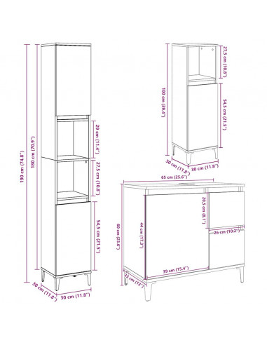 Set Mobili da Bagno 3 pz Grigio Cemento in Legno Multistrato