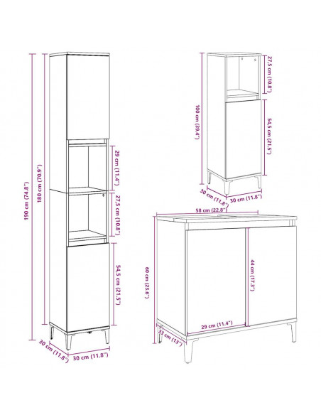 Set Mobili da Bagno 3 pz Grigio Cemento in Legno Multistrato