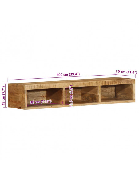 Mobile TV a Parete 100x30x19 cm Legno Grezzo Massello di Mango