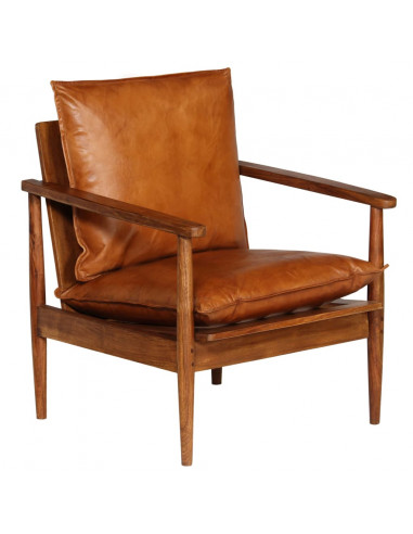 Set Divani 3 pz in vera Pelle e Legno Massello Acacia Marrone