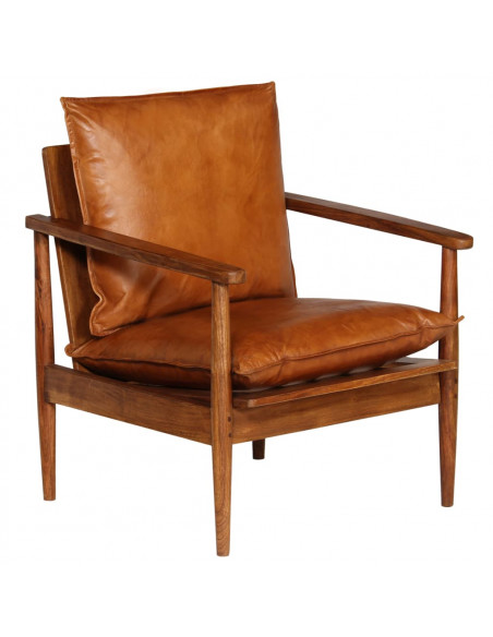 Set Divani 3 pz in vera Pelle e Legno Massello Acacia Marrone
